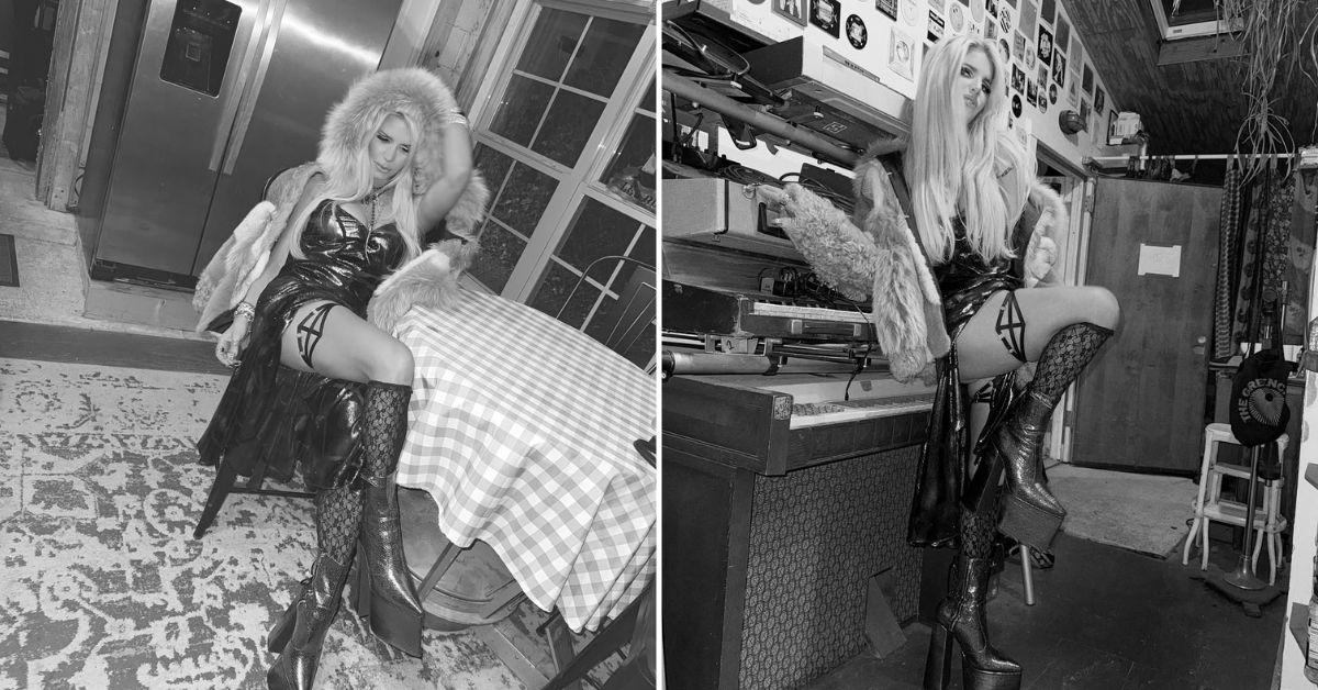 Photo of Jessica Simpson turned heads in an electric blue fur coat.