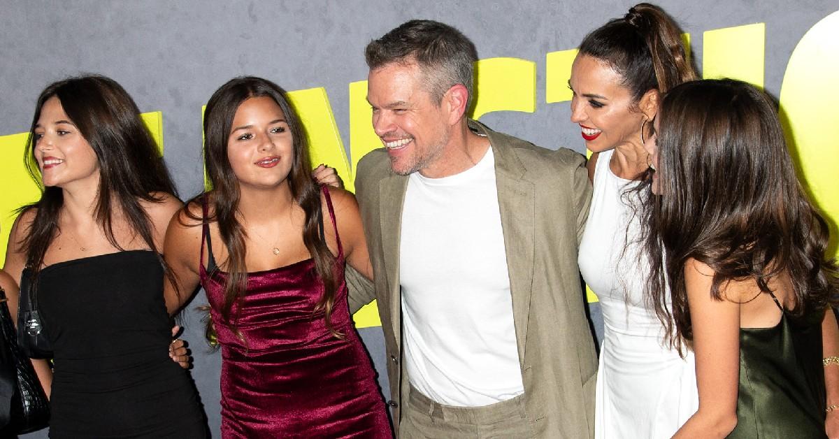 Photo of Matt Damon, Luciana Barroso and his daughters.