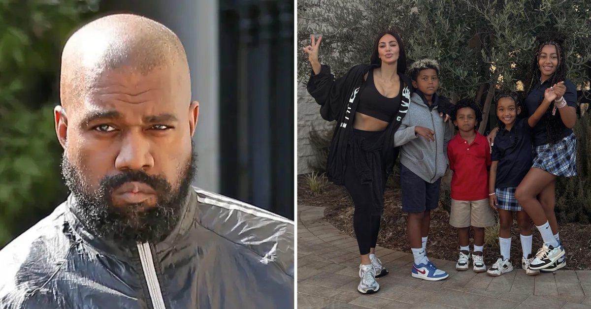 Photo of Kanye West and a picture of Kim Kardashian with their four children