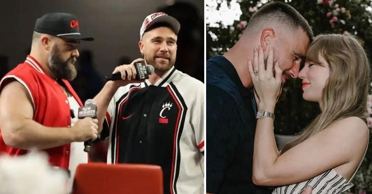 Photo of Jason Kelce, Travis Kelce and Taylor Swift