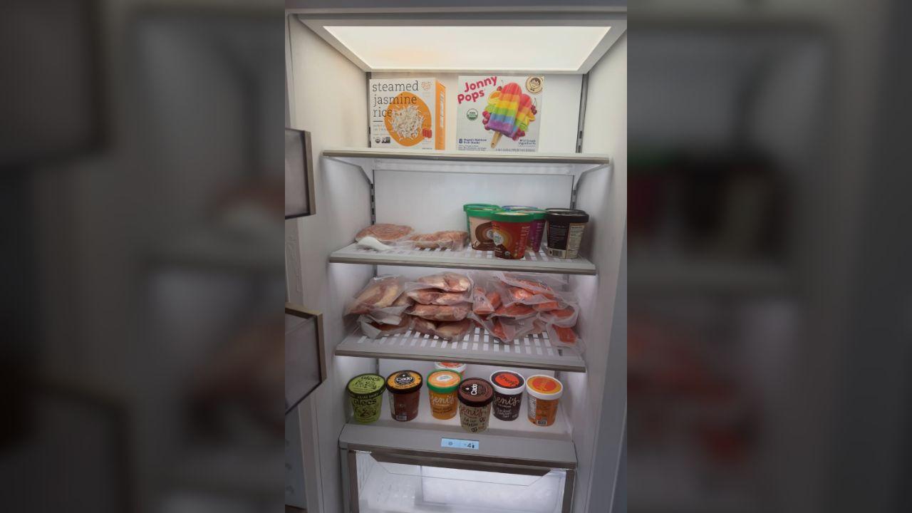 Image of Ryan Seacrest's freezer included meat, fish, a box of frozen rice, and many boxes of ice cream.