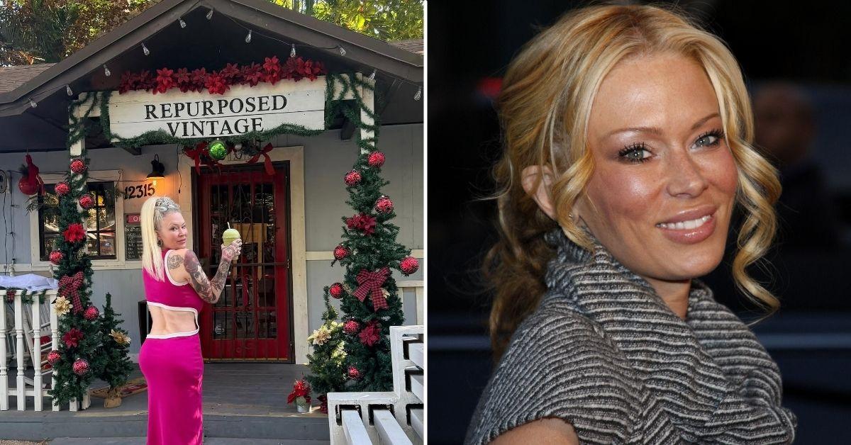 Photo of Jenna Jameson posed in a hot pink backless gown.