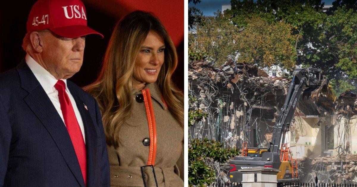 split photo of donald trump and melania trump and the white house east wing demolition