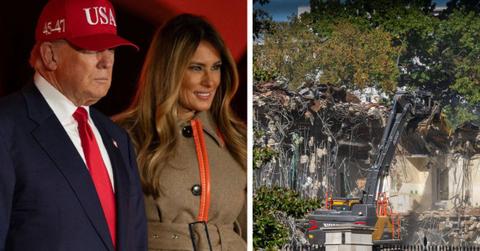 split photo of donald trump and melania trump and the white house east wing demolition
