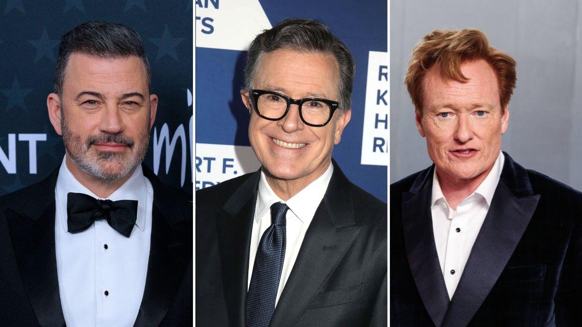 Composite photo of Jimmy Kimmel, Stephen Colbert and Conan O'Brien.