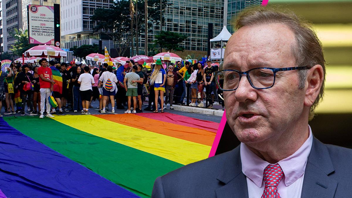 Composite photo of Kevin Spacey and a pride parade.