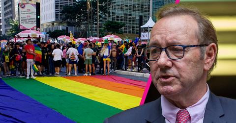 Composite photo of Kevin Spacey and a pride parade.