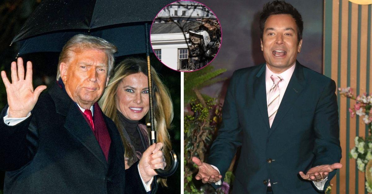 composite photo of jimmy fallon and donald and melania trump and the white house demolition