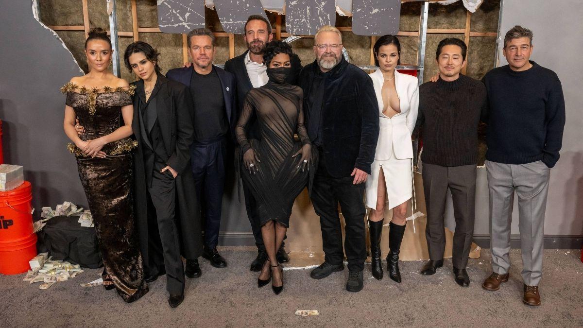 Image of Teyana Taylor hugged Matt Damon and Ben Affleck at 'The Rip' after-party.