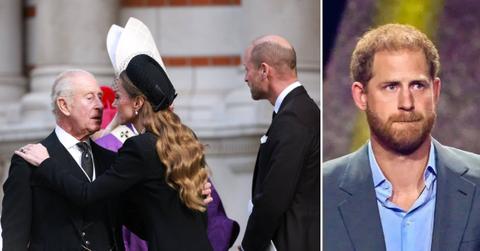 Photo of King Charles, Prince William and Kate Middleton and a photo of Prince Harry.