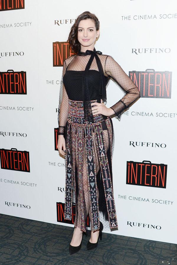 Anne Hathaway attends the premiere of The Intern presented by the Cinema Society and Ruffino Winery&#8212;Credit BFA Clint Spaulding