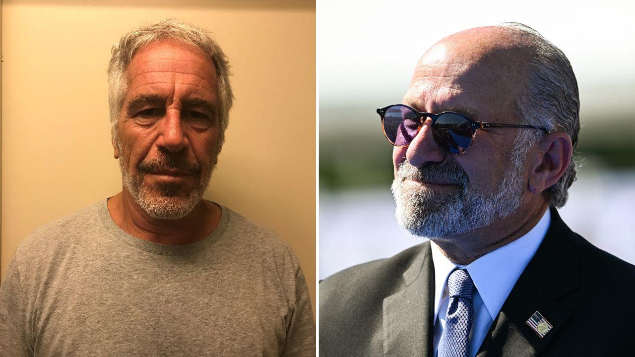 Split image of Jeffrey Epstein and Howard Lutnick.