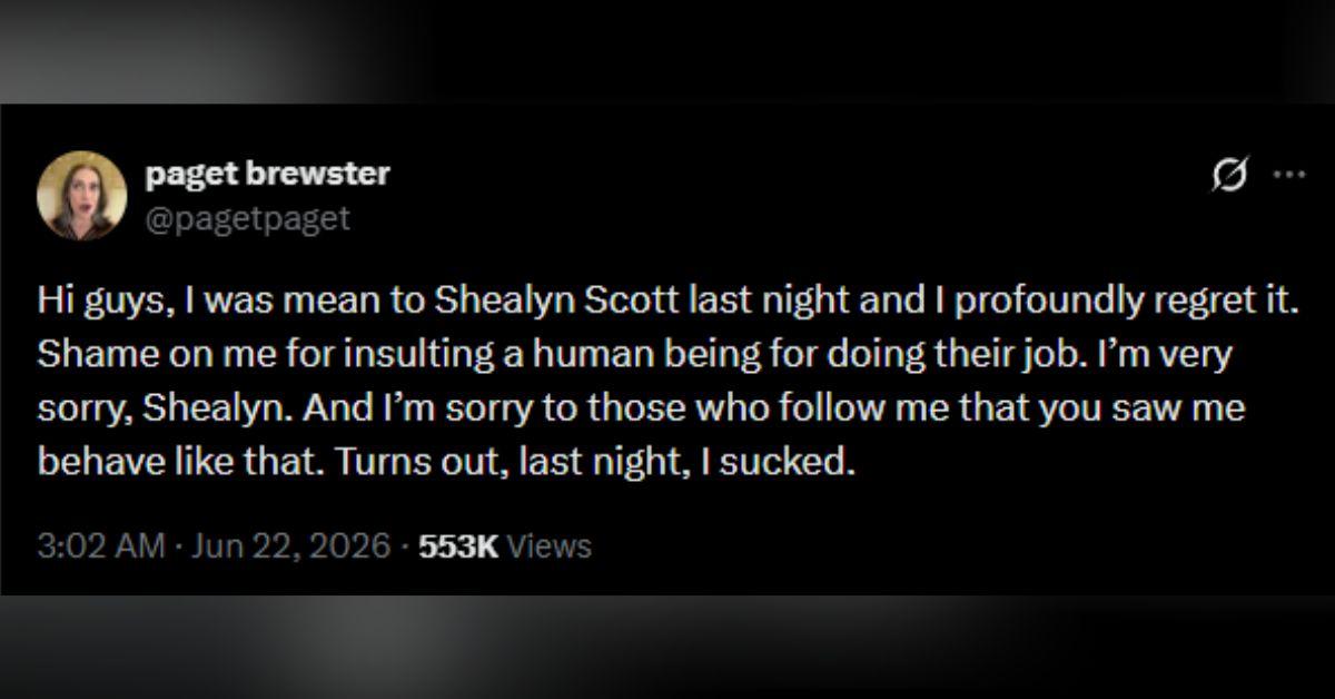 image of Paget Brewster later issued a public apology on X, admitting she was wrong for attacking someone for doing their job.