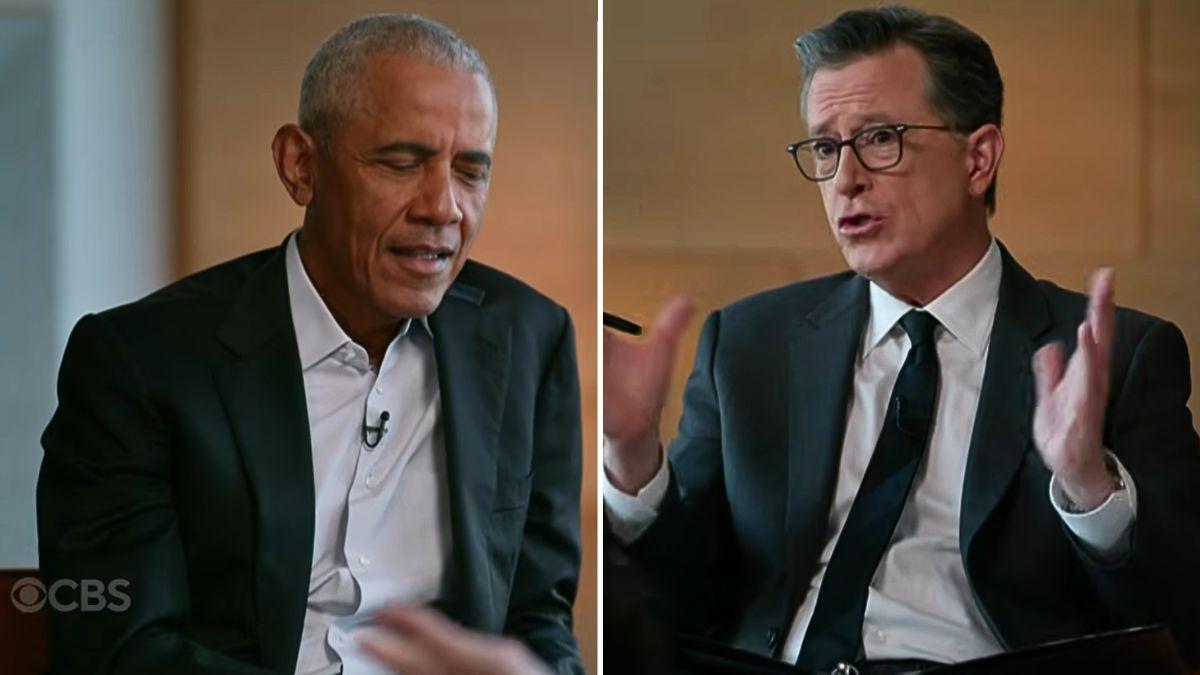image of Barack Obama recently sat down with Stephen Colbert for an interview. 