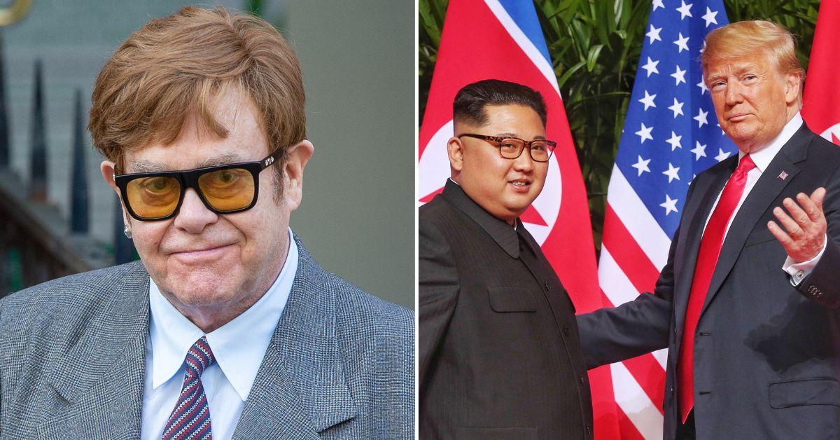 Composite photo of Elton John, Donald Trump and Kim Jong Un. 