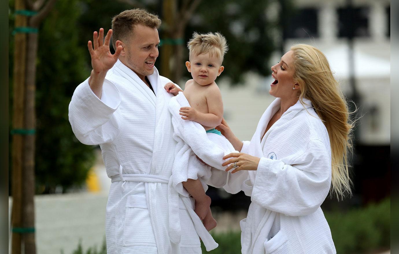 EXCLUSIVE: Heidi and Spencer Pratt take a dip in the pool with Gunner while staying at the luxury Rosewood Miramar hotel in Santa Barbara