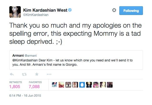 Kim Kardashian Spells Armani Wrong, Blames Pregnancy For Spelling Mistake