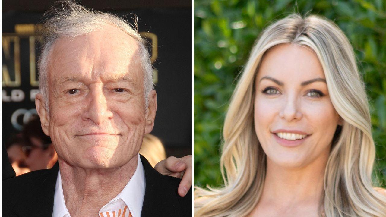 split image of Hugh Hefner and Crystal Harris