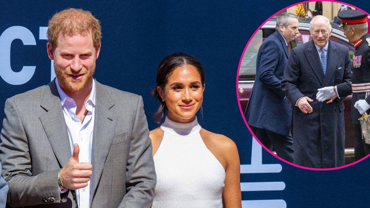 image of prince harry and meghan markle, inset of King Charles