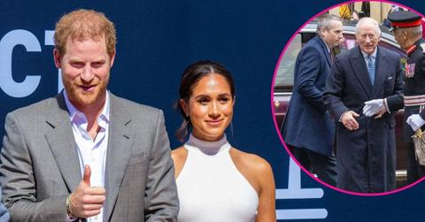image of prince harry and meghan markle, inset of King Charles
