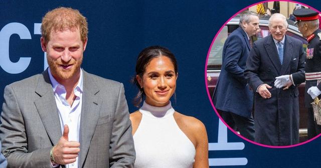 image of prince harry and meghan markle, inset of King Charles
