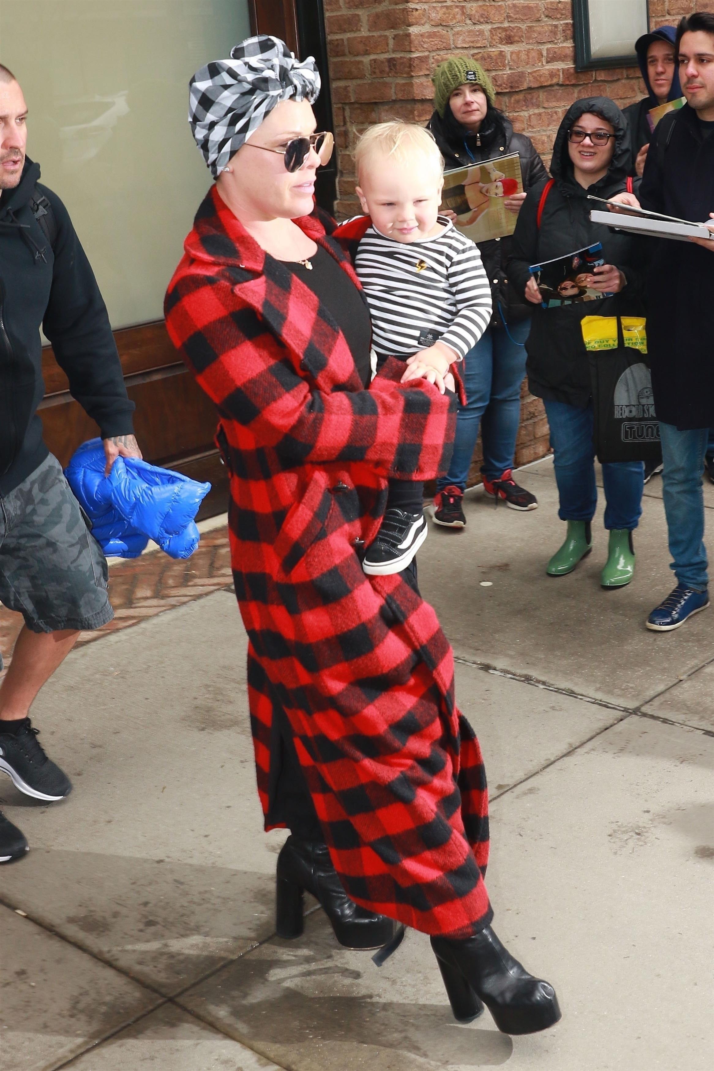 Pink and her boys step out for a day out in New York