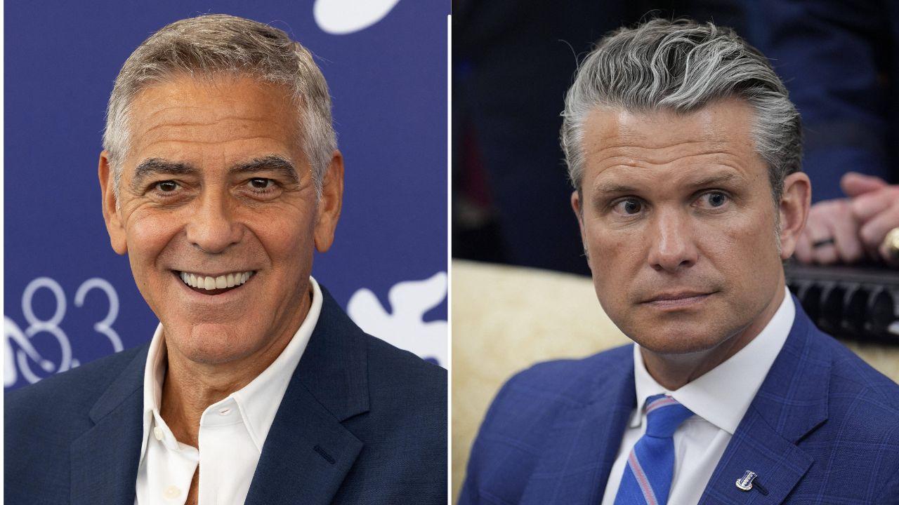 split image of George Clooney and Pete Hegseth