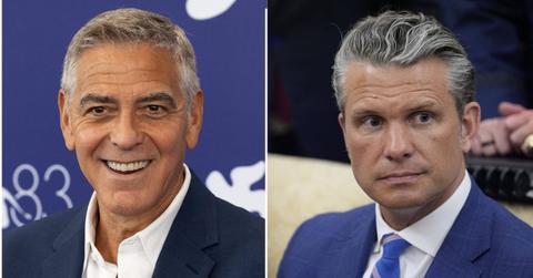 split image of George Clooney and Pete Hegseth