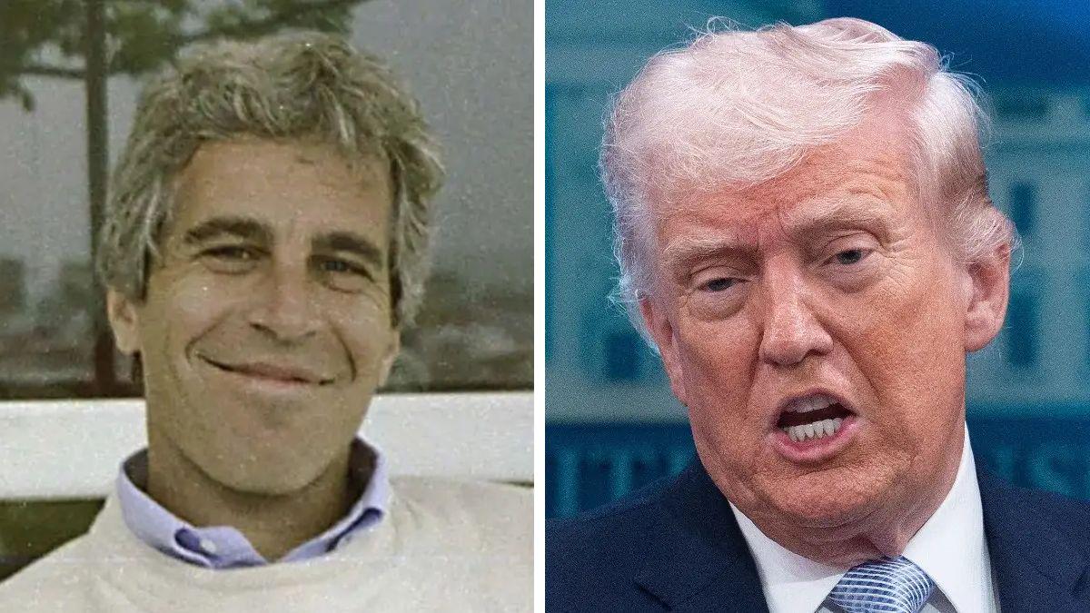 Split photo of Jeffrey Epstein and Donald Trump.