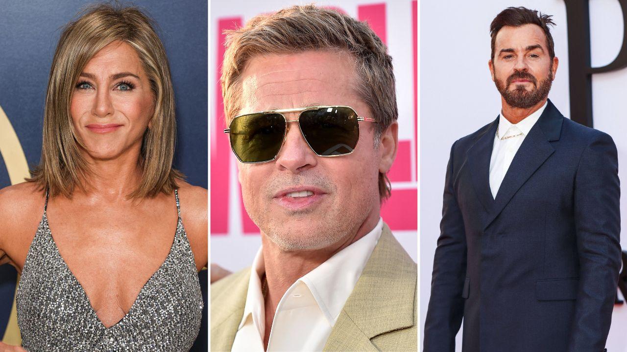 Image of Aniston, Pitt, and Theroux.