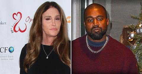 Left, Caitlyn Jenner Wearing Black Crew-neck Dress, Right Kanye West Wearing Maroon Sweater