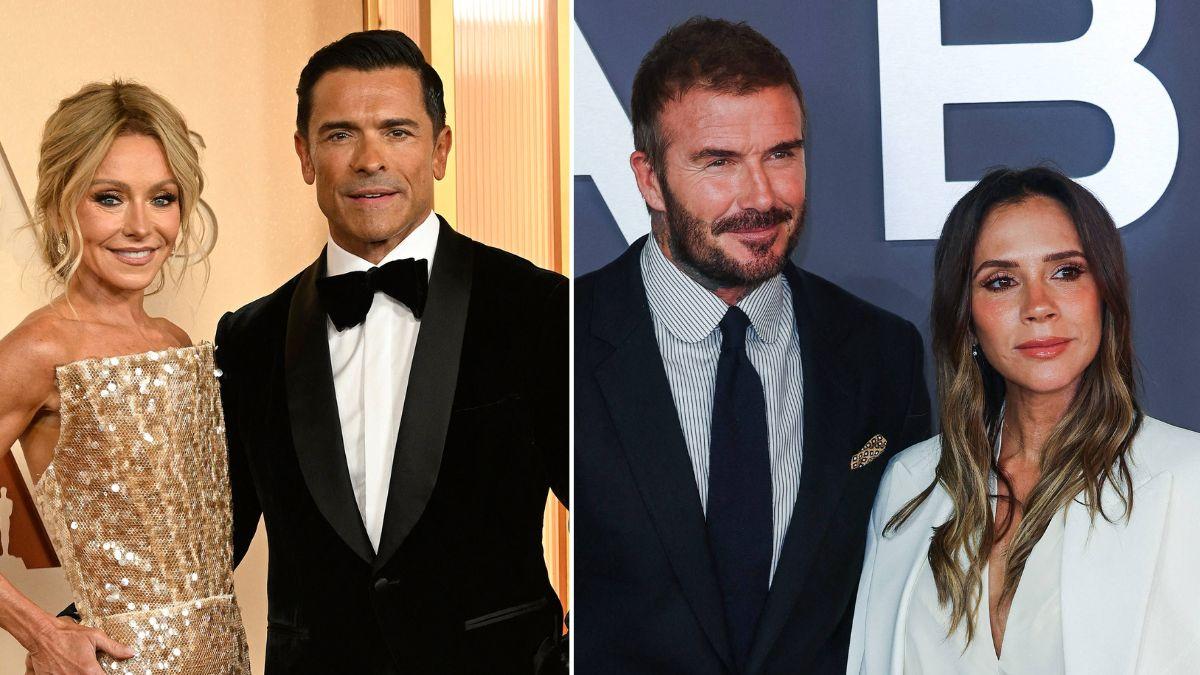Split photo of Kelly Ripa, Mark Consuelos, David Beckham and Victoria Beckham.