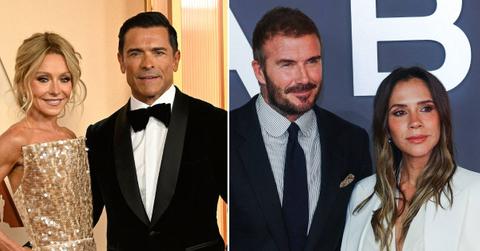 Split photo of Kelly Ripa, Mark Consuelos, David Beckham and Victoria Beckham.