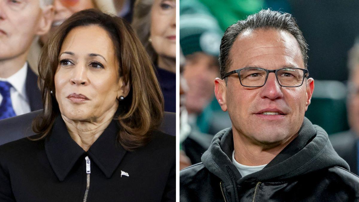 split photo of kamala harris and josh shapiro