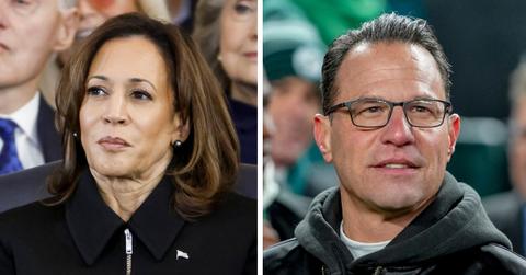 split photo of kamala harris and josh shapiro