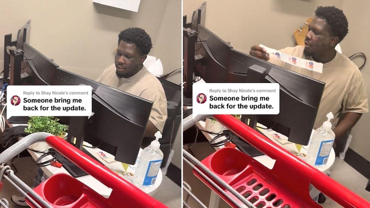 Image of a Target employee reviewed CCTV footage before apologizing to the woman and returning her receipt.