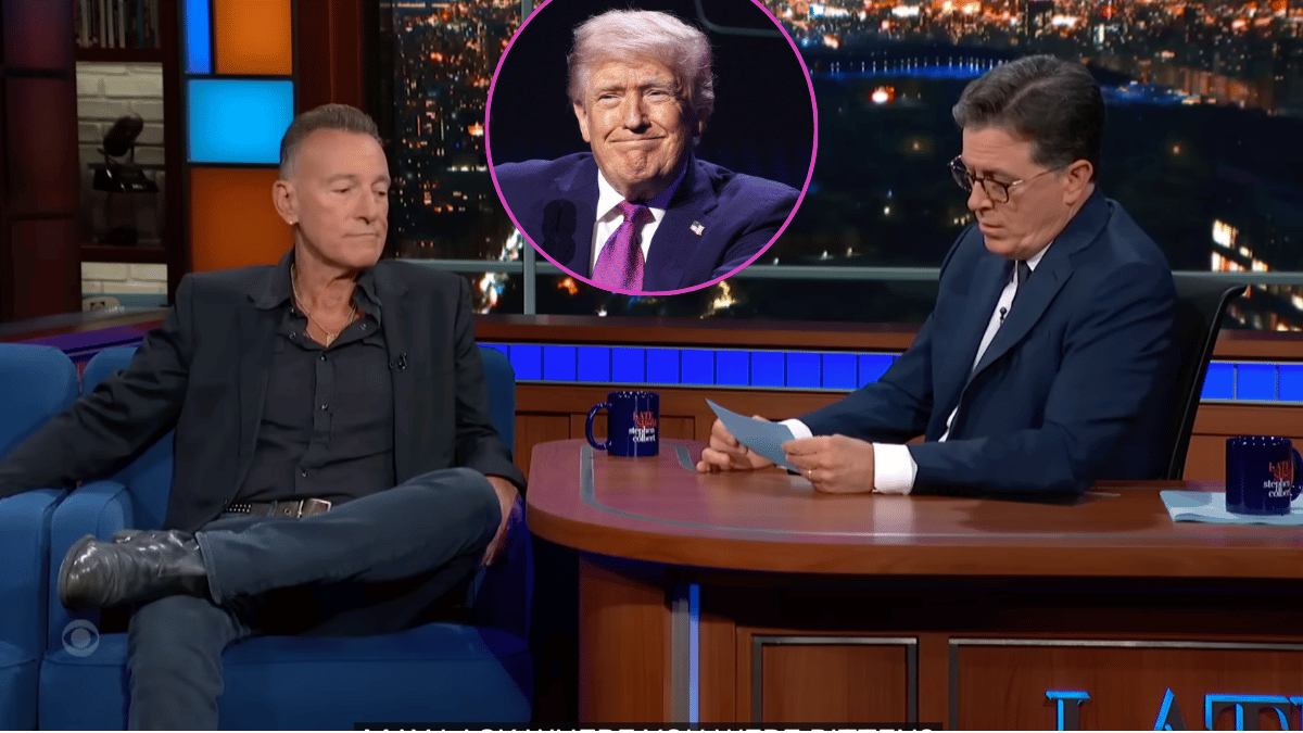 Photo of Bruce Springsteen and Stephen Colbert with Donald Trump inset