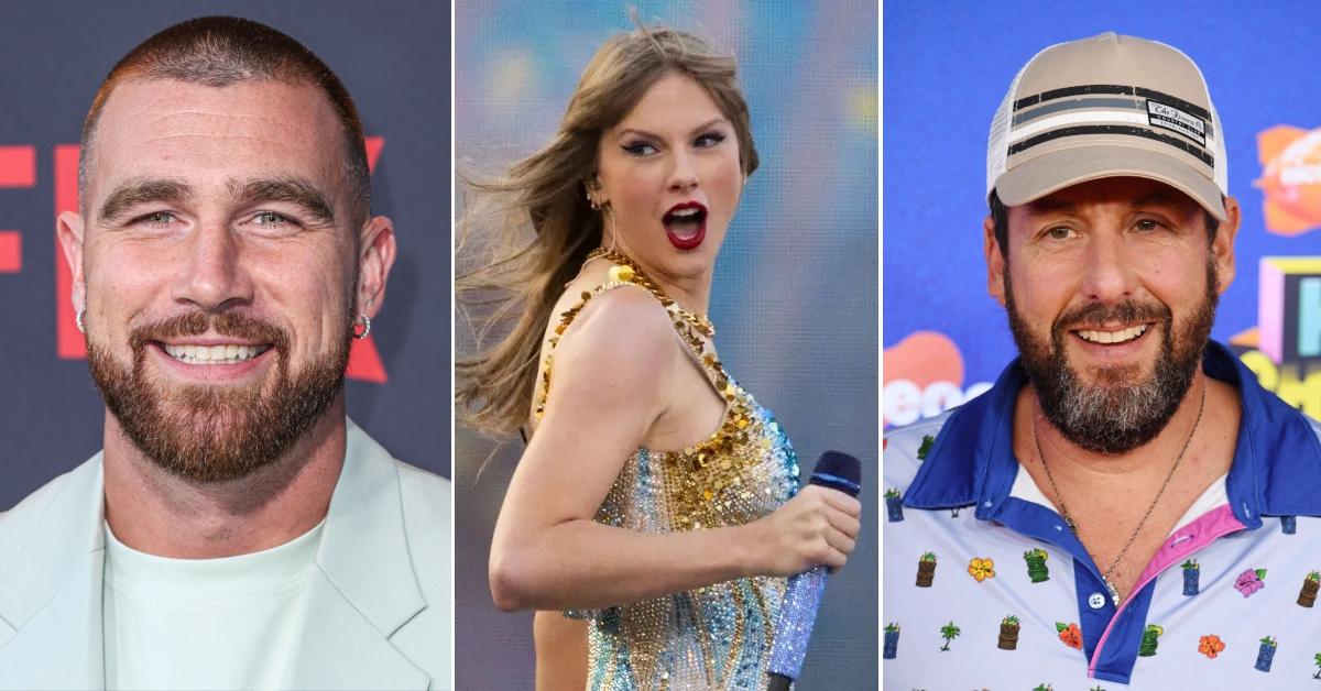 Composite photo of Travis Kelce, Taylor Swift and Adam Sandler