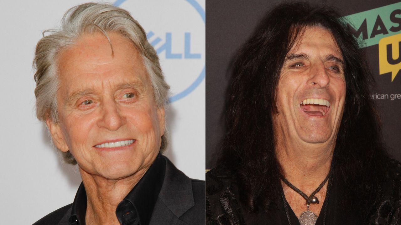 Split image of Michael Douglas and Alice Cooper.