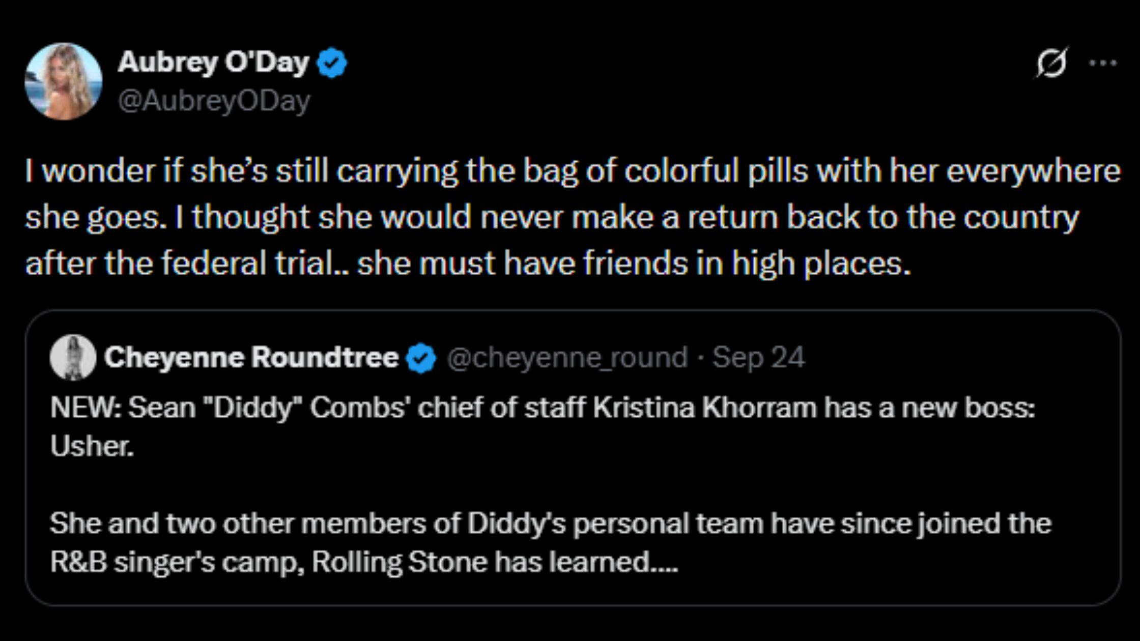 image of Aubrey O'Day reacted after Kristina Khorram reportedly joined Usher's team.