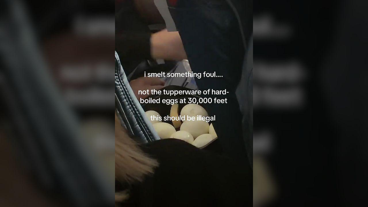 Image of the person seated right behind the TikToker on the flight bought a Tupperware container filled to the brim with hard-boiled eggs.