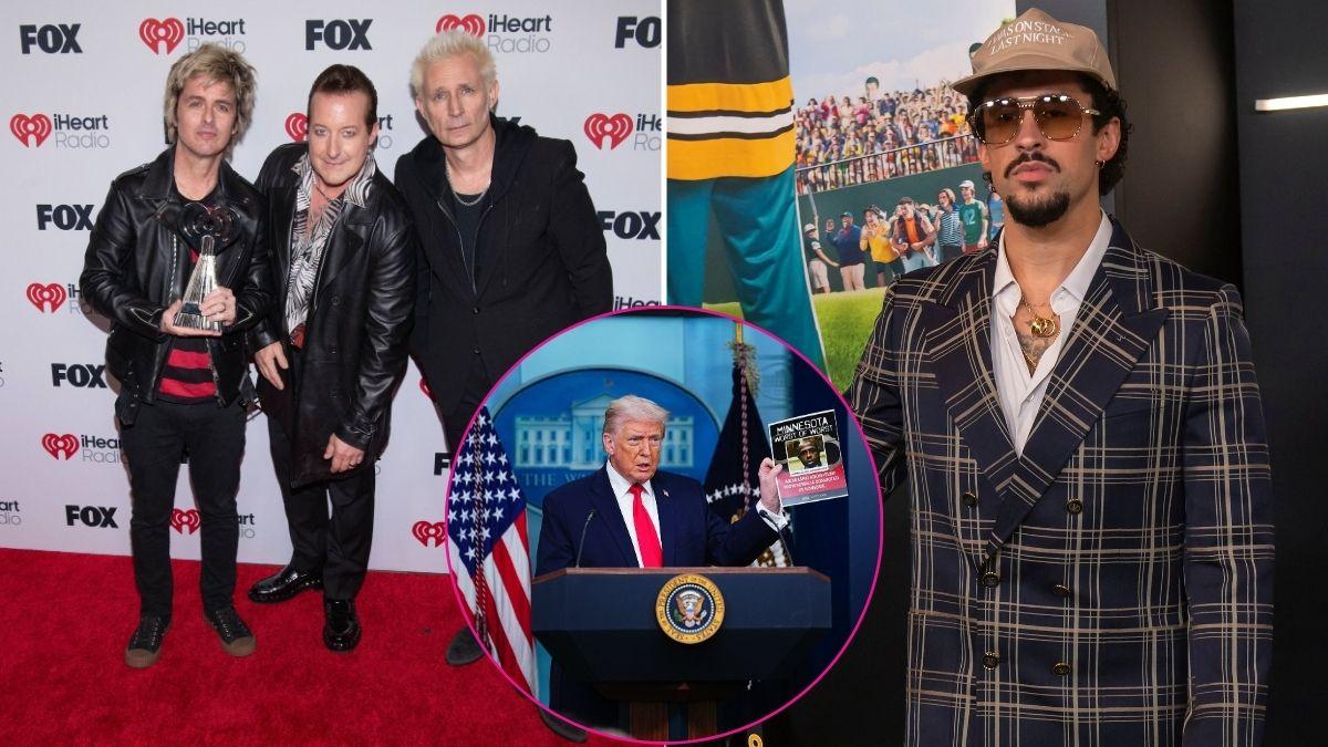 image split of Green Day, Donald Trump and bad bunny 