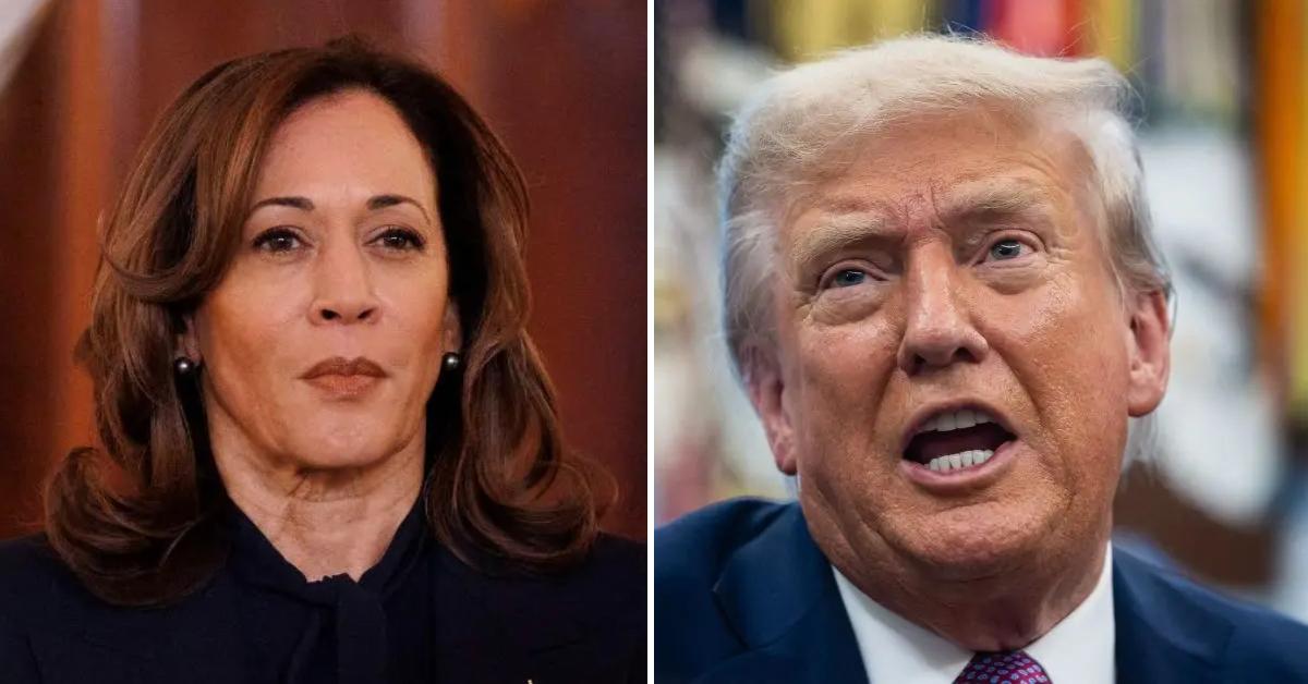 Split photo of Kamala Harris and Donald Trump.