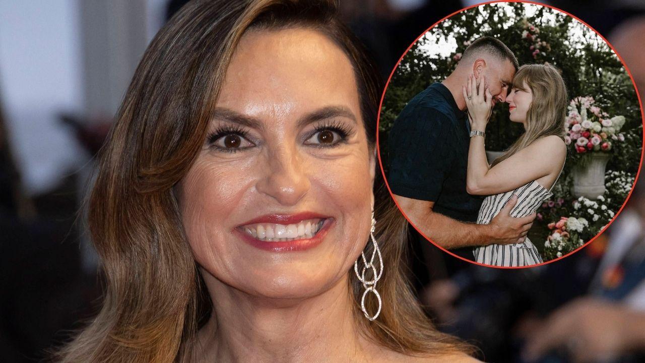 Image of Mariska Hargitay, and (inset) Travis Kelce and Taylor Swift.