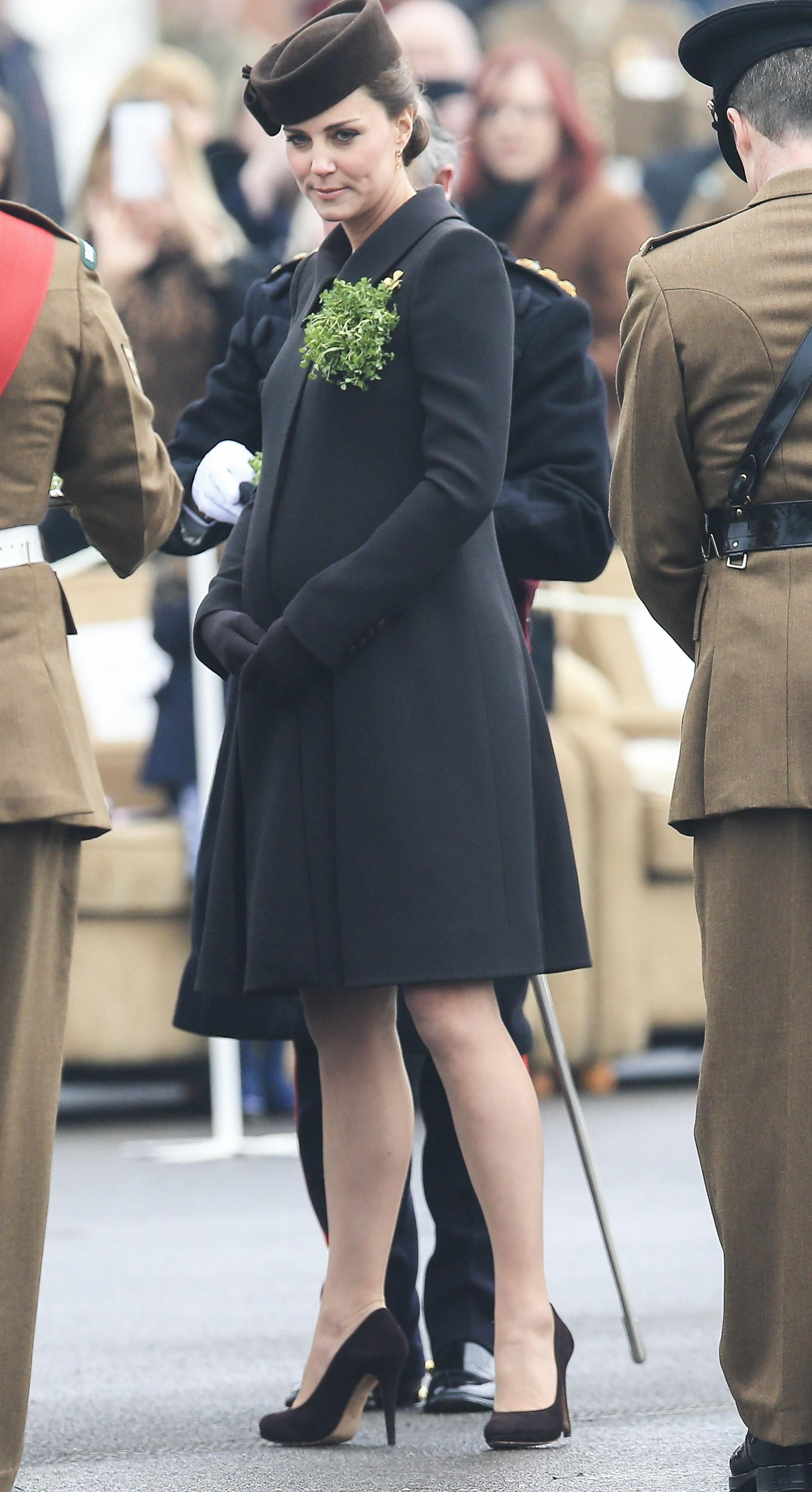 The Duke and Duchess of Cambridge, Prince William and Kate Middleton visit the 1st Battalion Irish Guards at Mons Barracks in Aldershot on St Patricks Day