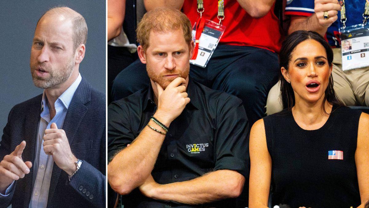 Split photo of Prince William and Prince Harry with Meghan Markle.