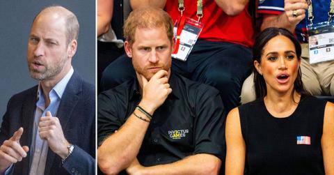 Split photo of Prince William and Prince Harry with Meghan Markle.