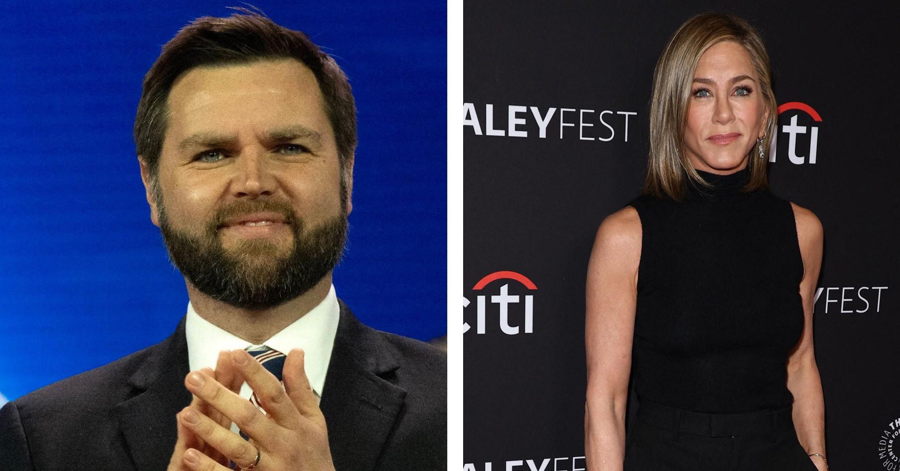 Composite photo of J.D. Vance and Jennifer Aniston. 