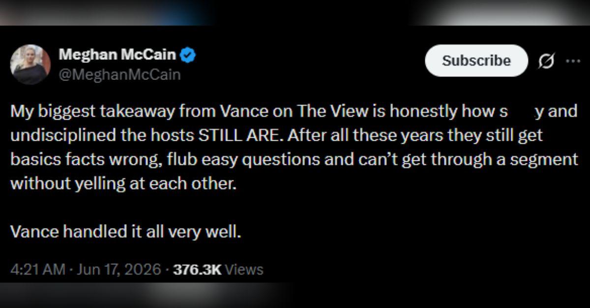 image of Meghan McCain criticized the current 'The View' panel after their interview with J.D. Vance turned tense on June 16.