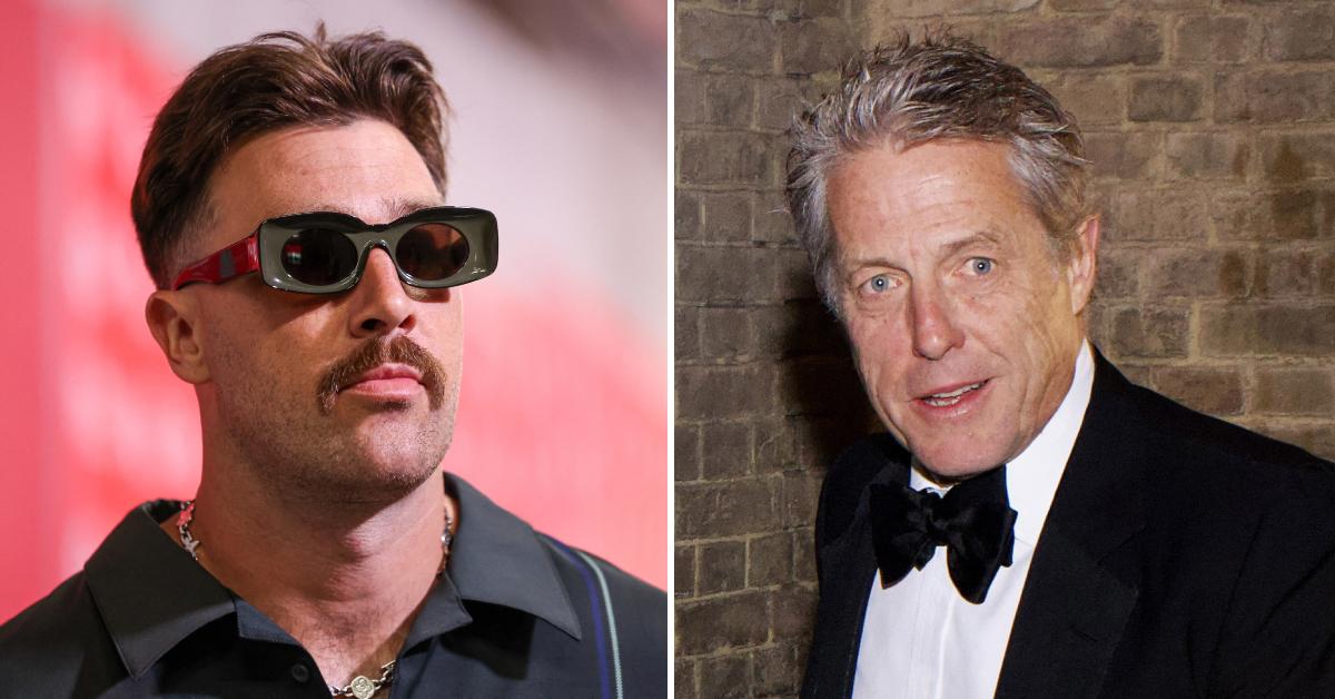 Photo of Travis Kelce; picture of Hugh Grant.